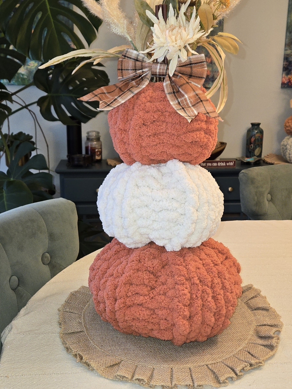 Homemade Handknit Plush Stacked Pumpkin Décor - Rust and Cream